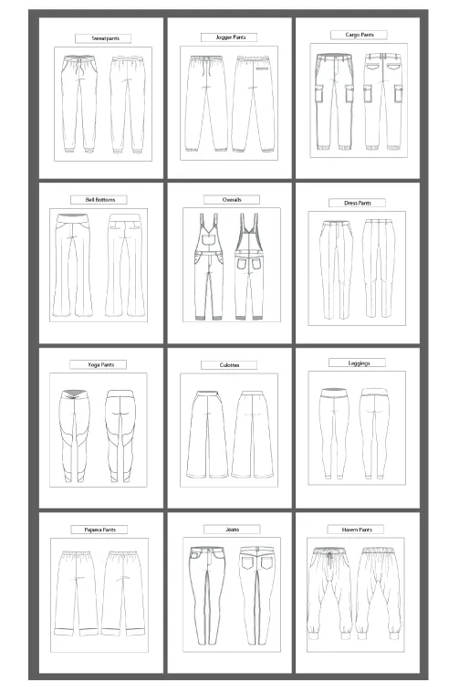 12 Women's Pants Types: Fashion Sketch and Vector Illustrations, Flat Sketch Front & Back View Template Included