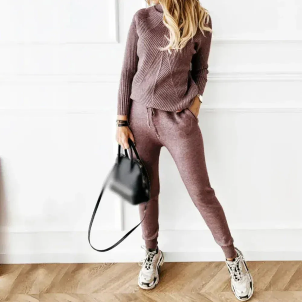 2-Piece Knitted Cross Striped Turtleneck and Sweatpants Set