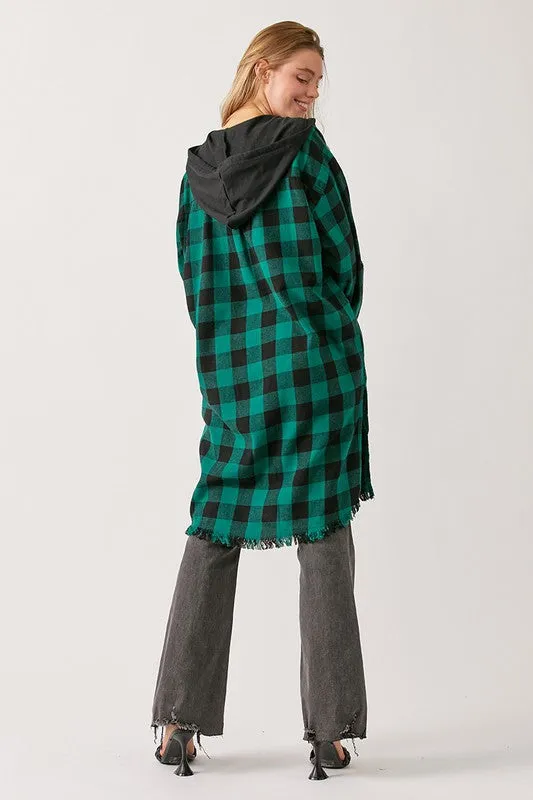 Acacia Plaid Hooded Longline Shacket - Green