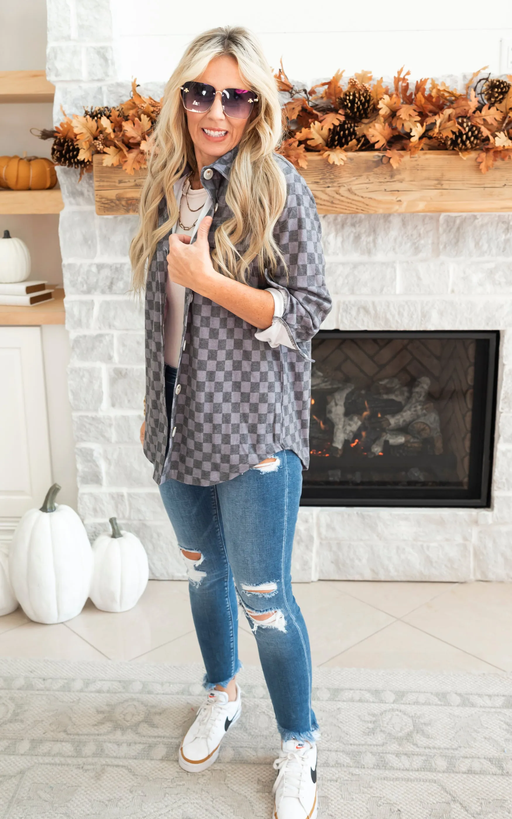 All the Cozy Checkered Charcoal Shacket by Salty Wave *