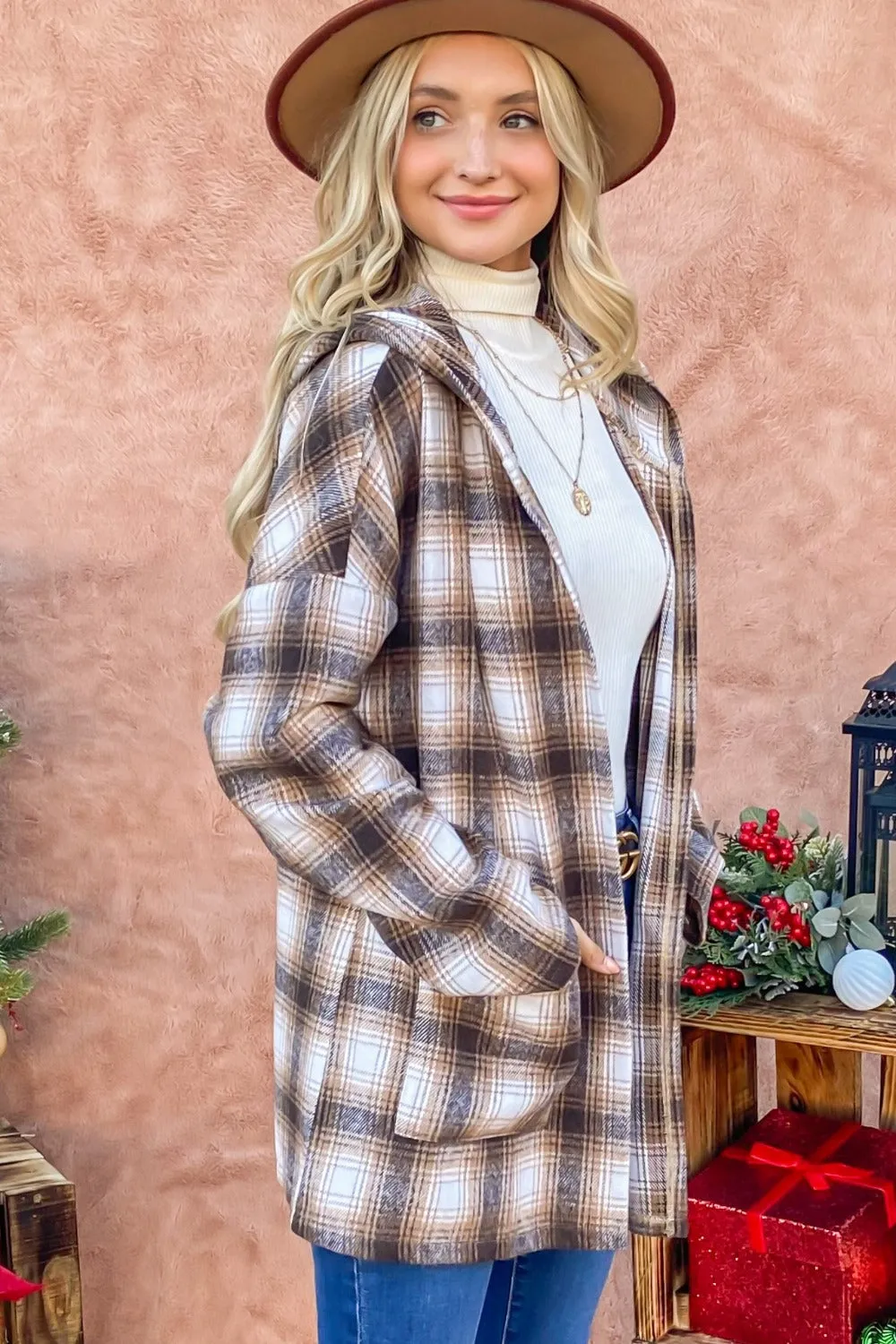 AND THE WHY Plaid Open Front Hooded Shacket