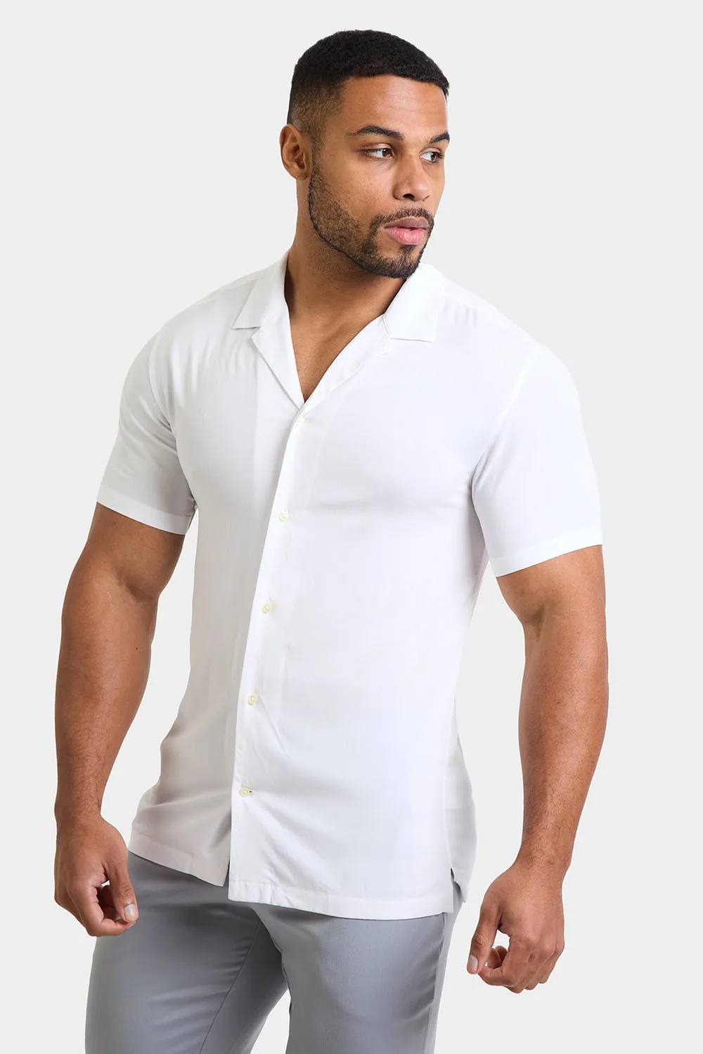 Athletic Fit Short Sleeve Viscose Shirt in White