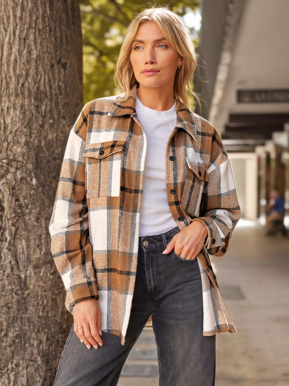 AUTOMET Womens Fall Outfits Fashion Clothes Shackets Flannel Plaid Button Down Long Sleeve Shirts Jackets 2024 Apricot M