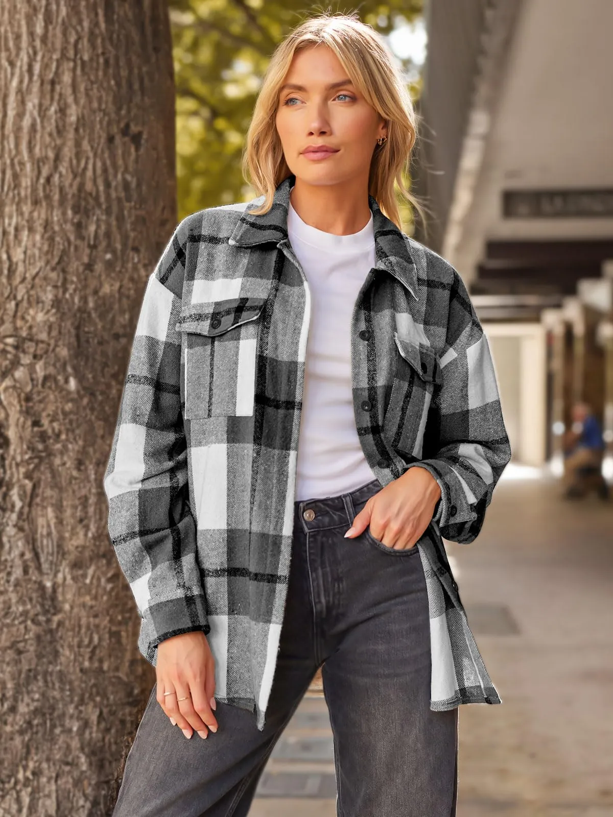 AUTOMET Womens Fall Outfits Fashion Clothes Shackets Flannel Plaid Button Down Long Sleeve Shirts Jackets Grey XL