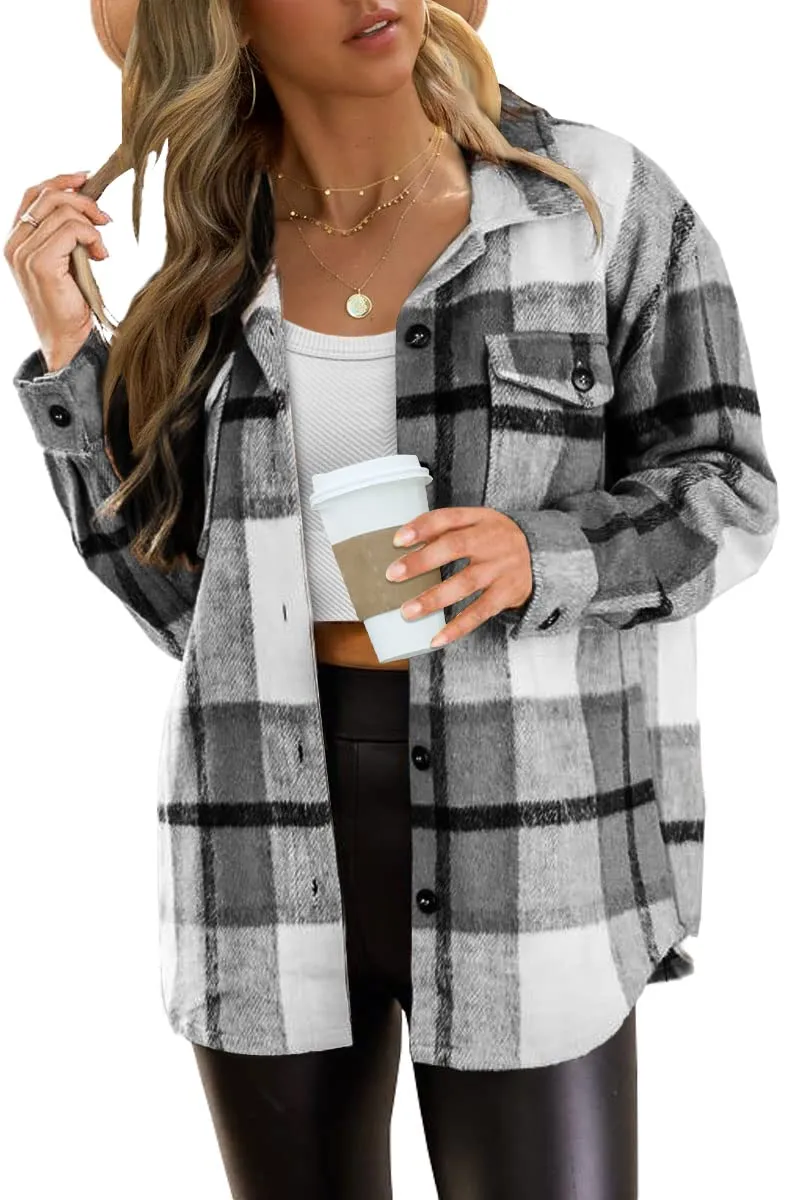 AUTOMET Womens Fall Outfits Fashion Clothes Shackets Flannel Plaid Button Down Long Sleeve Shirts Jackets Grey XL