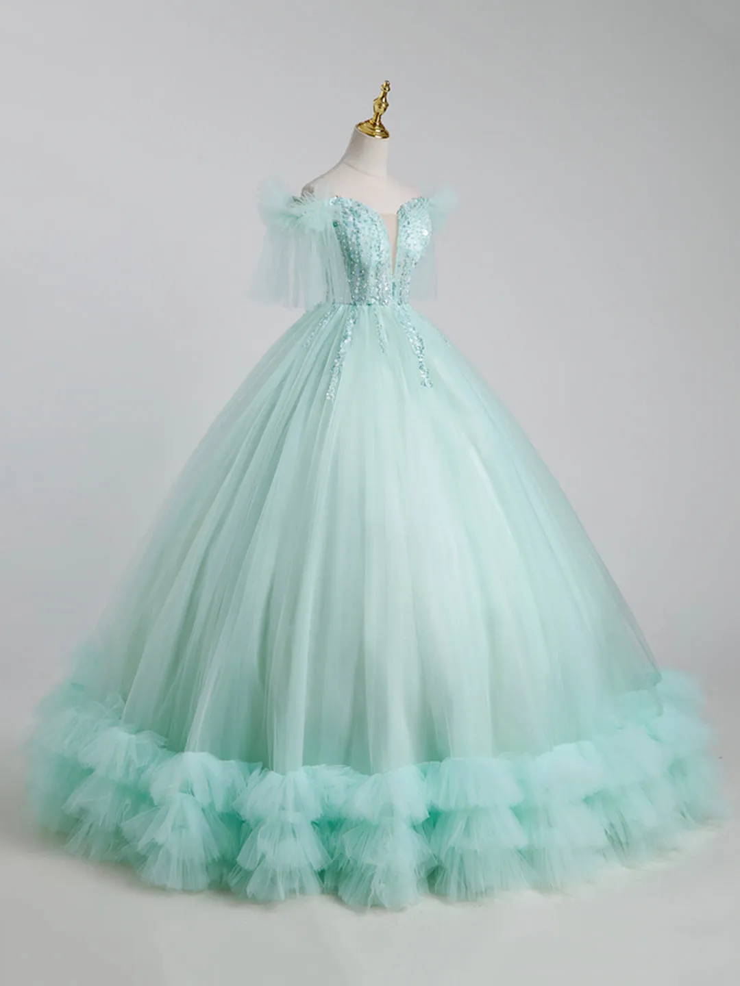 Beautiful Tulle Sequins Long Ball Gown, A-Line Tulle Sweet 16 Dress