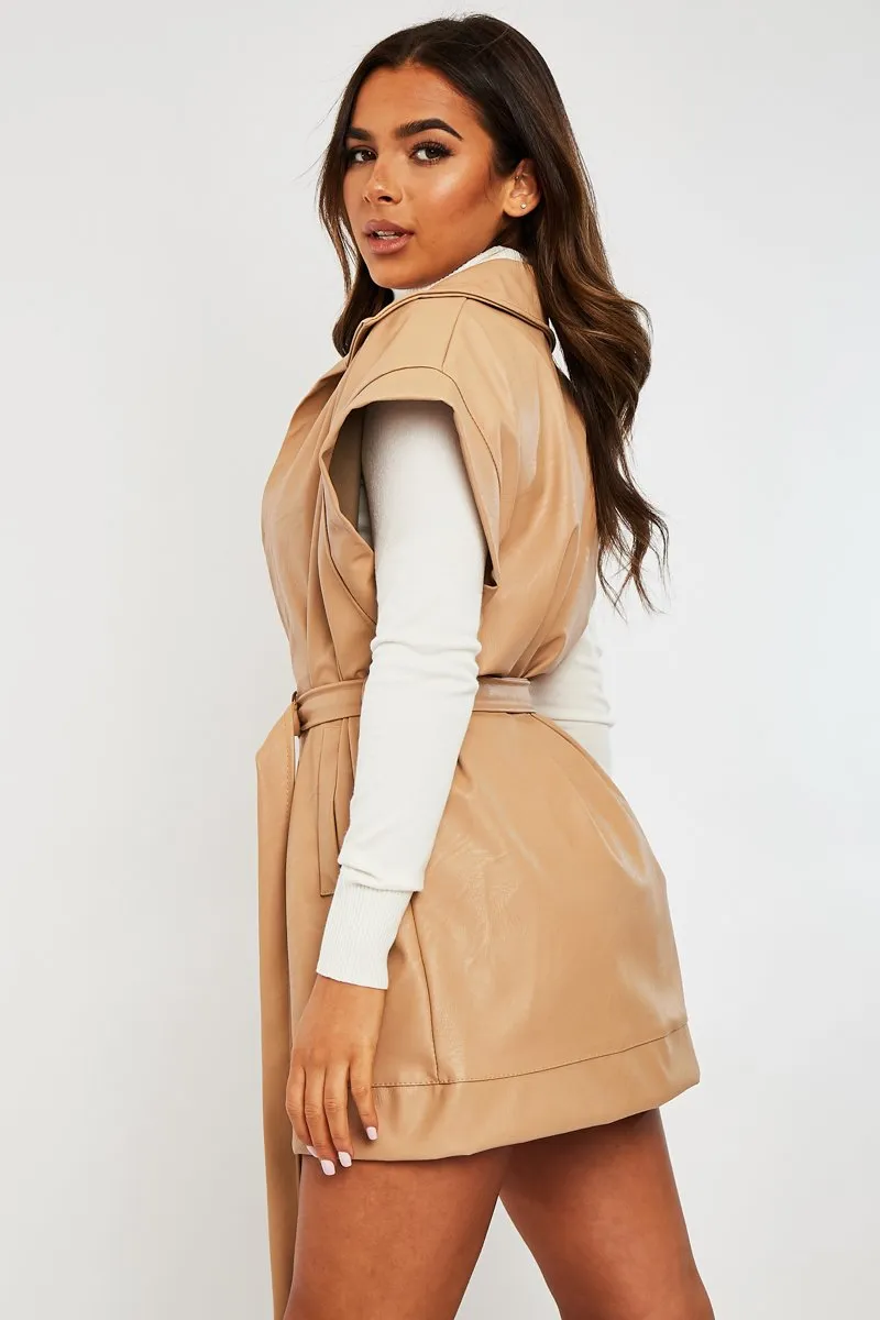 Beige Faux Leather Plunge Belted Dress - Jaice