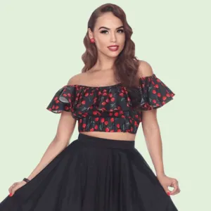 Bella Cherry Print Ruffle Crop Top in Black