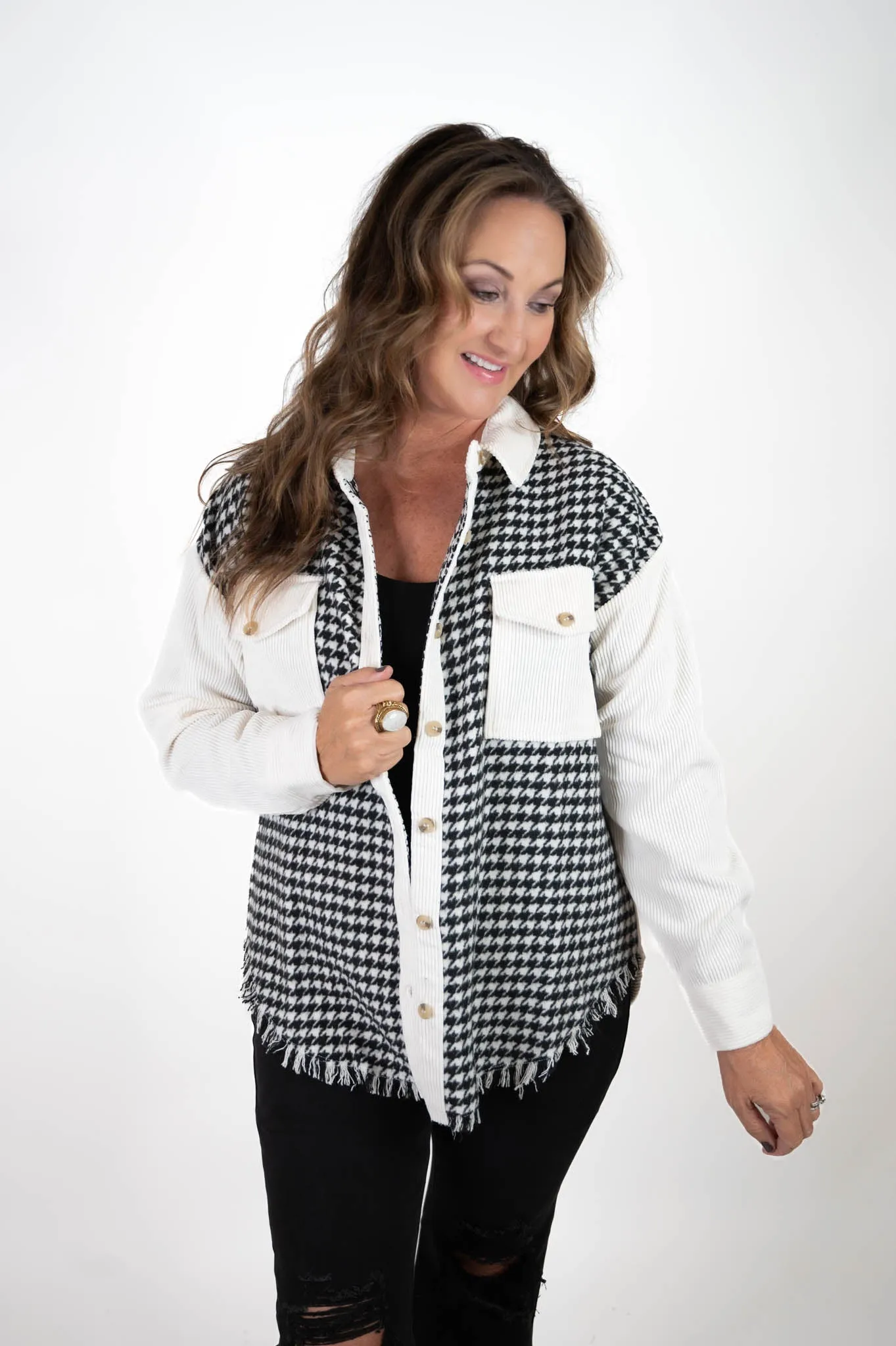 Black Colorblock Houndstooth Shacket