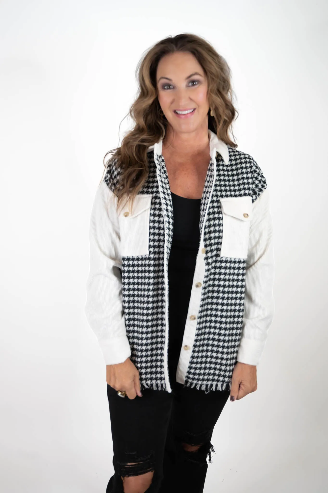 Black Colorblock Houndstooth Shacket