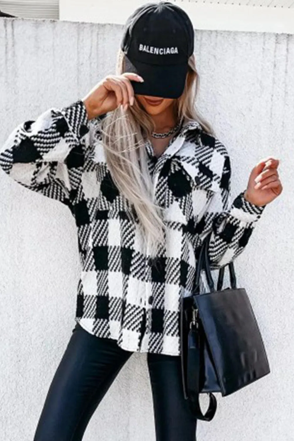 Black Plaid Textured Flap Pocket Shacket