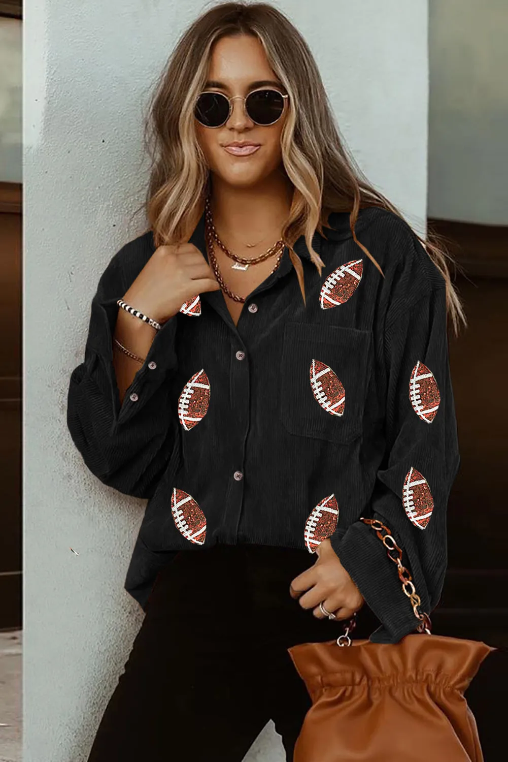 Black Sequin Rugby Pattern Buttoned Corduroy Shacket