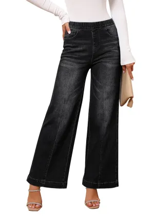 Black Women's Stretchy Pull On Jeans High Waisted Denim Pants