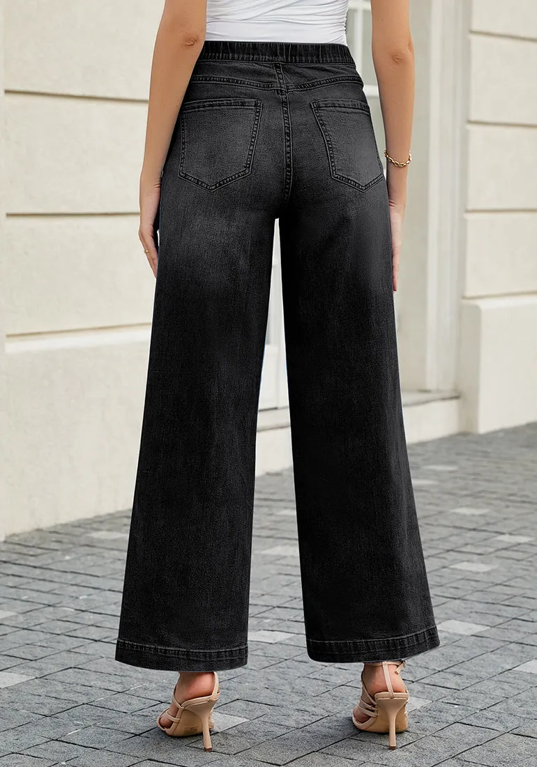 Black Women's Stretchy Pull On Jeans High Waisted Denim Pants