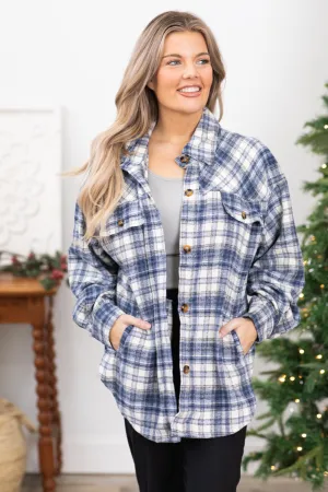 Blue and Cream Plaid Fleece Shacket