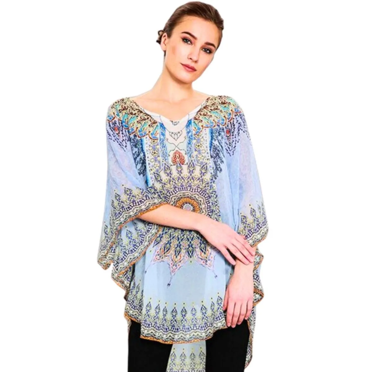 Blue Boho Print Poncho Top