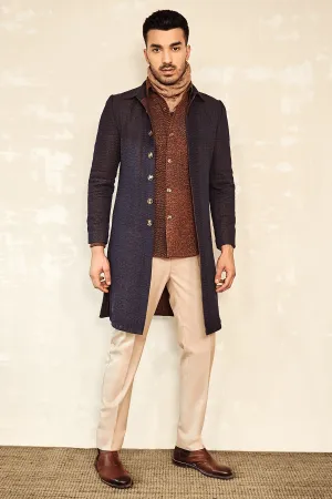 Blue-Brown Textured Shackets with Polo Neck & Beige Trousers