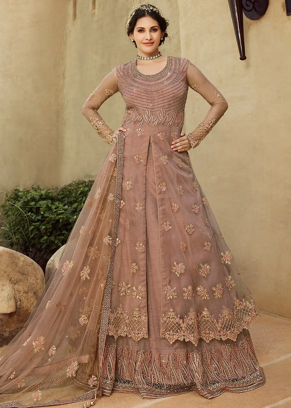 Blush Pink Net Lehenga Style Anarkali Suit