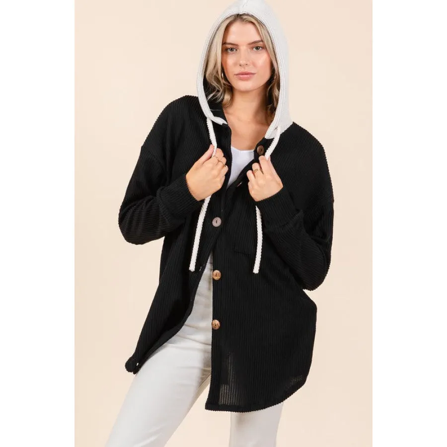 BOMBOM Textured Button Down Drawstring Hooded Shacket