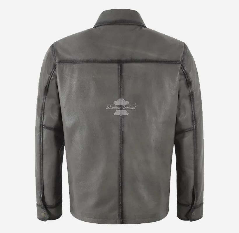 BRIAR Men's Collared Leather Jacket In Charcoal Grey with Wax