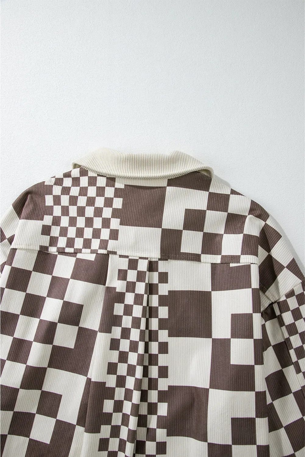 Brown Checkered Print Patchwork Corduroy Shacket