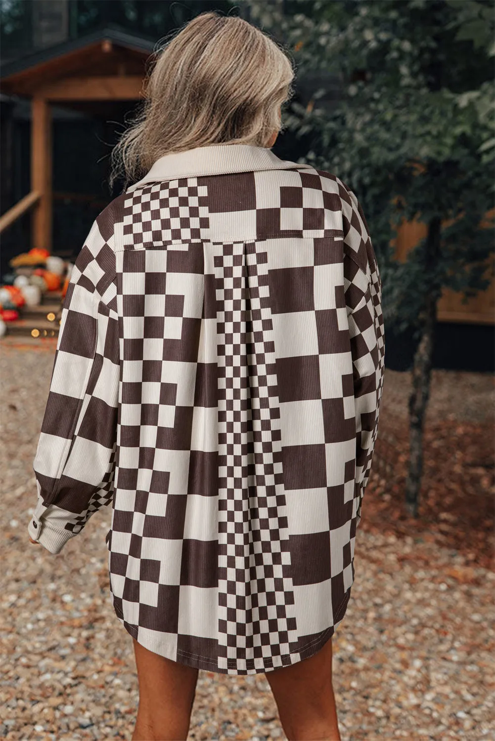 Brown Checkered Print Patchwork Corduroy Shacket