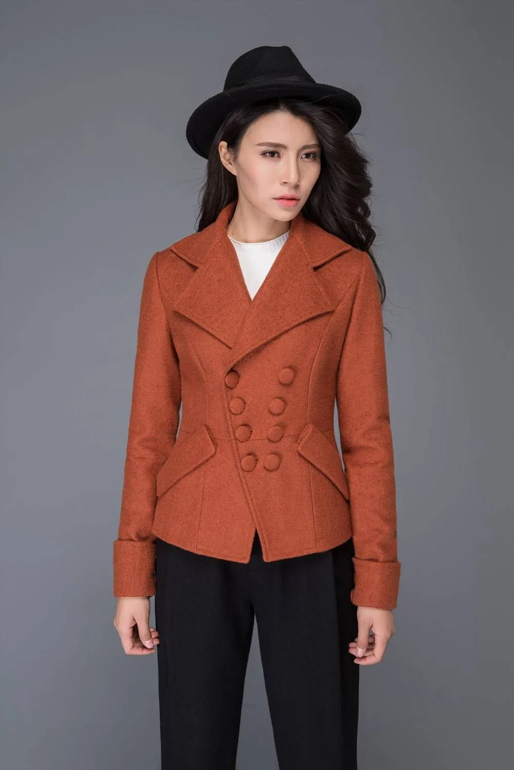 brown coat, wool jacket, winter jacket, asymmetric jacket, womens blazer, retro wool coat, jacket, mini coat, winter coat, coat, C1018