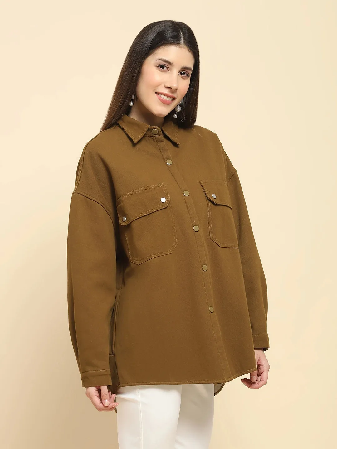 Brown Cotton Oversized Solid Shacket With Fleece Lining For Winter