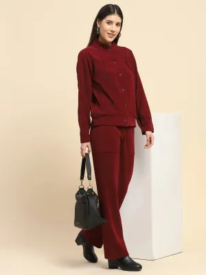 Burgundy Poly Blend Solid Relaxed Fit Co-Ord Sets