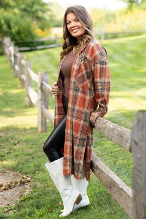 Burnt Orange and Tan Plaid Long Shacket