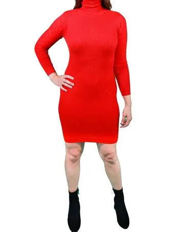 Cable Knit Turtleneck Sweater Dress in Berry