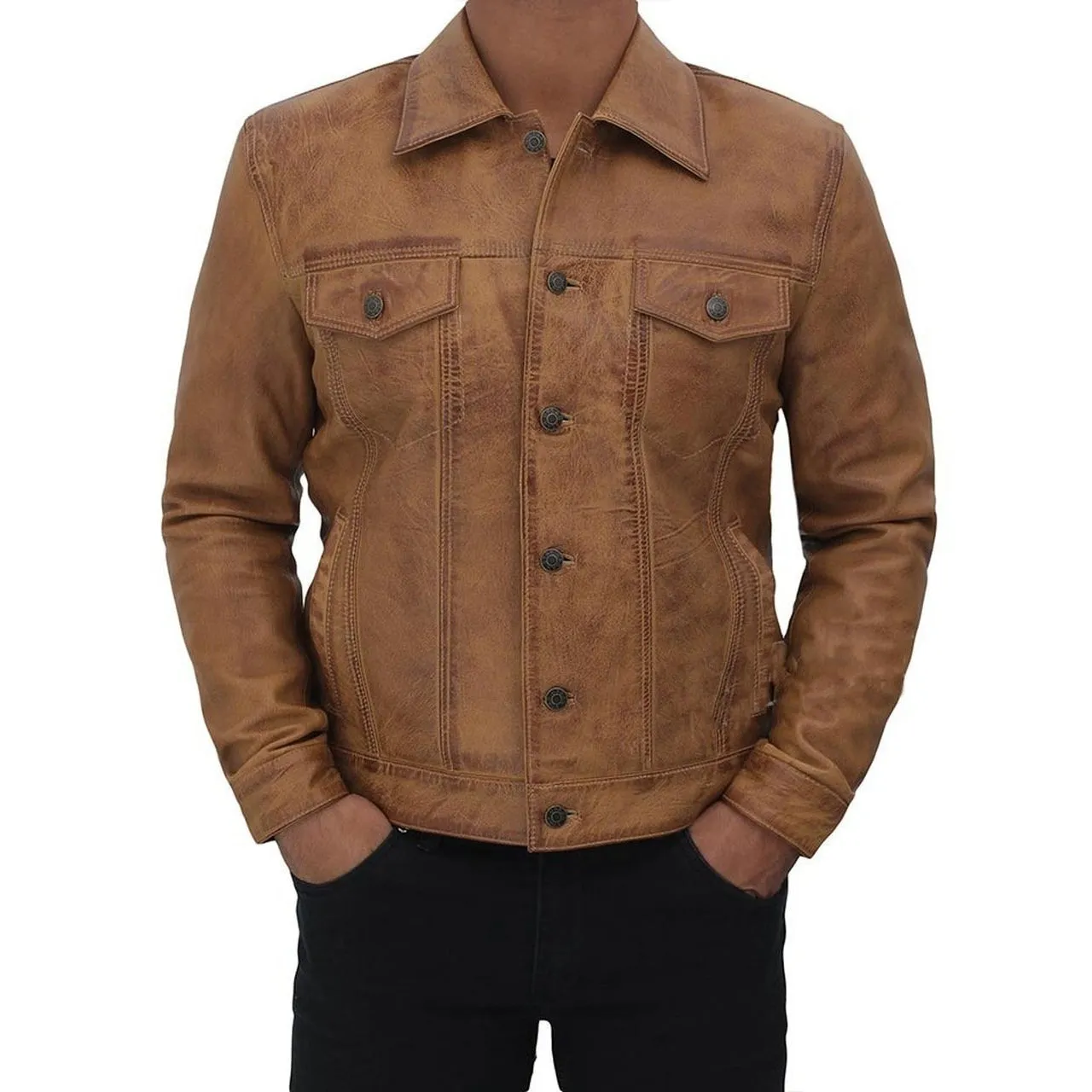 Camel Brown Button Up Leather Trucker Jacket