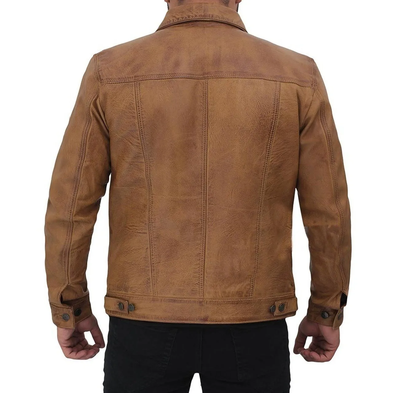 Camel Brown Button Up Leather Trucker Jacket