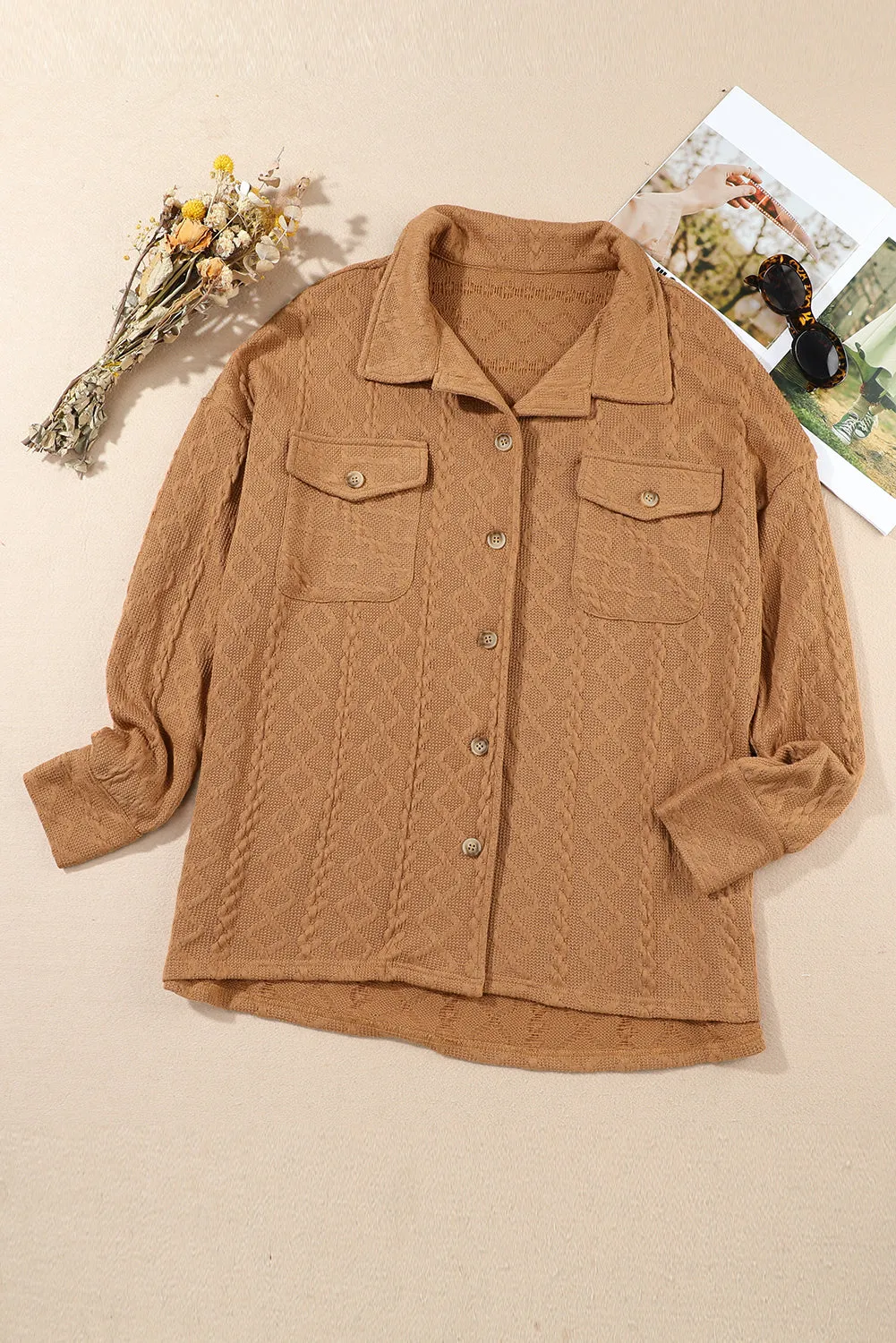 Camel Cable Knit Flap Pocket Shacket