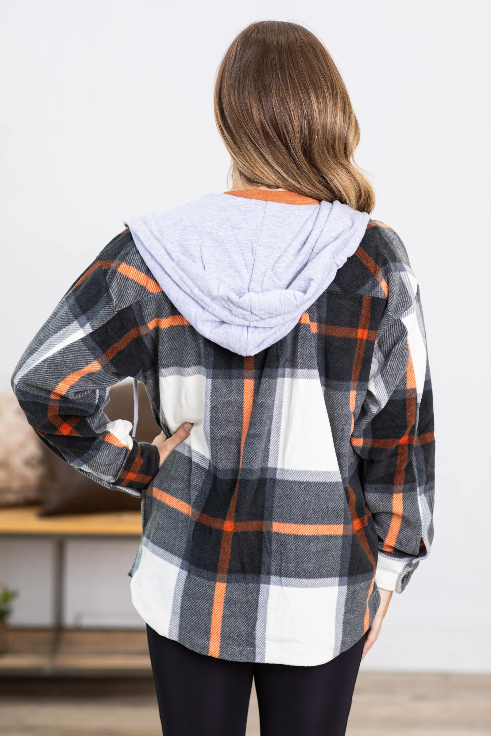 Charcoal Plaid Fleece Shacket With Hood