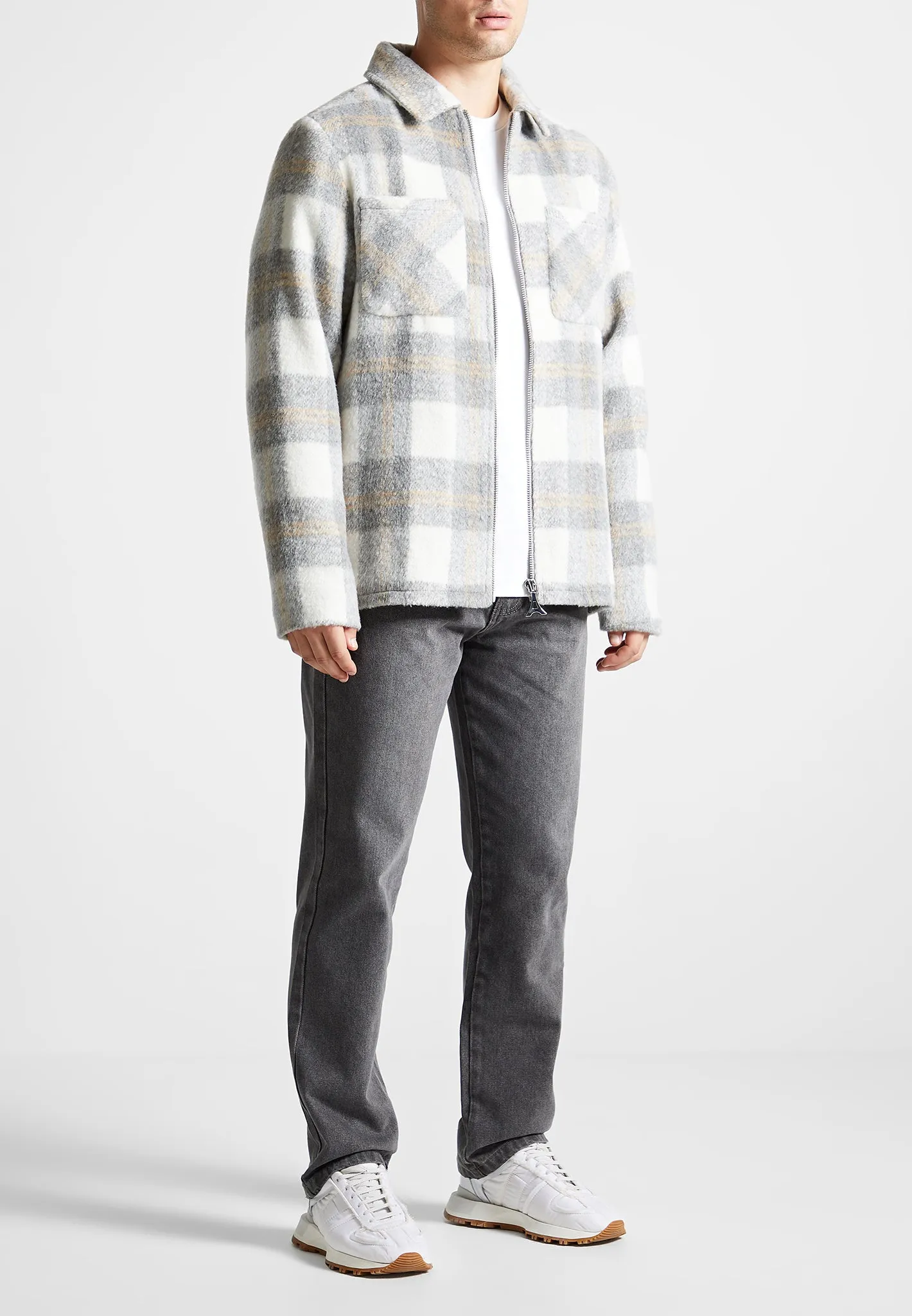 Checked Wool Shacket - Grey