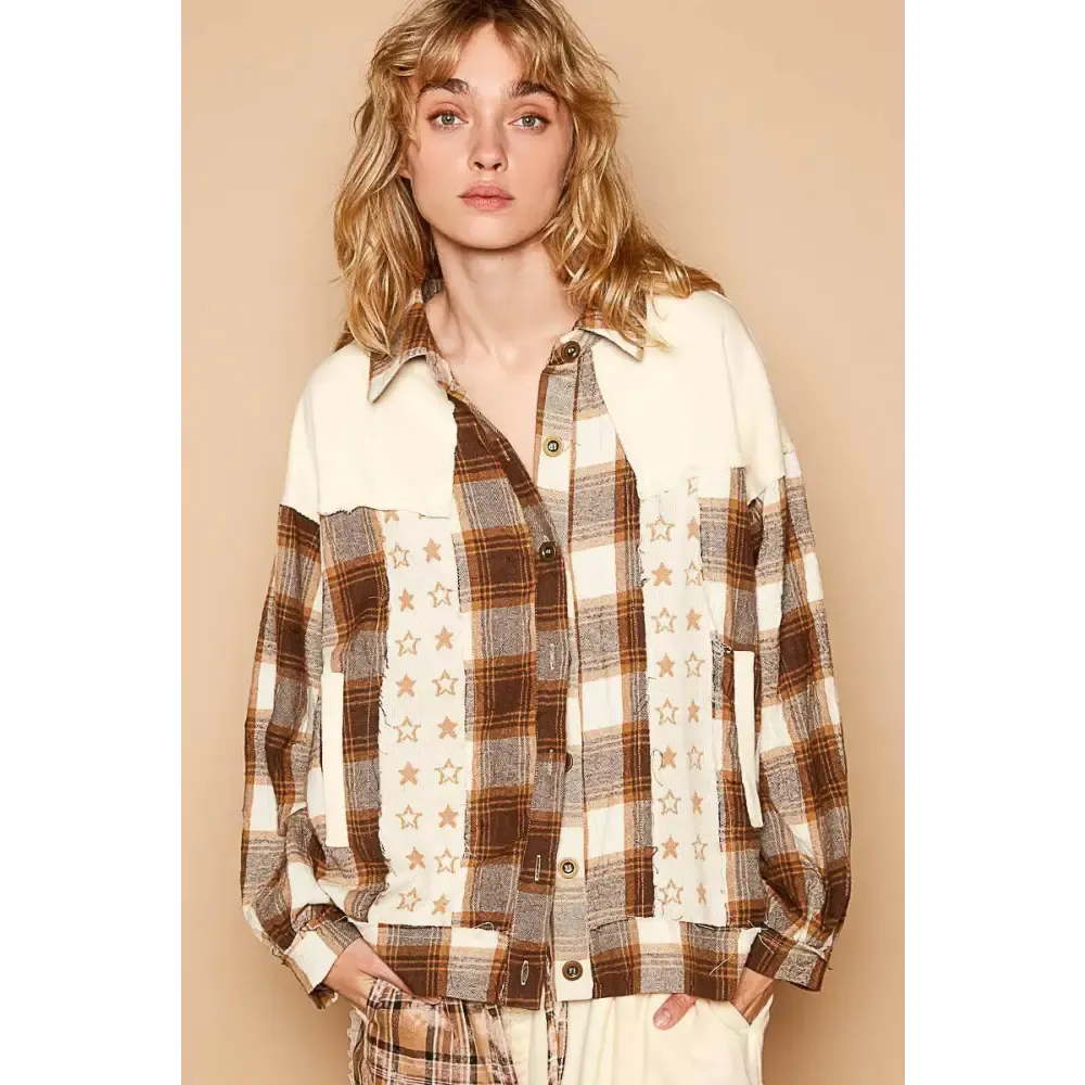 Chic Plaid and Star Patchwork Shacket for Luxury Fashion Enthusiasts