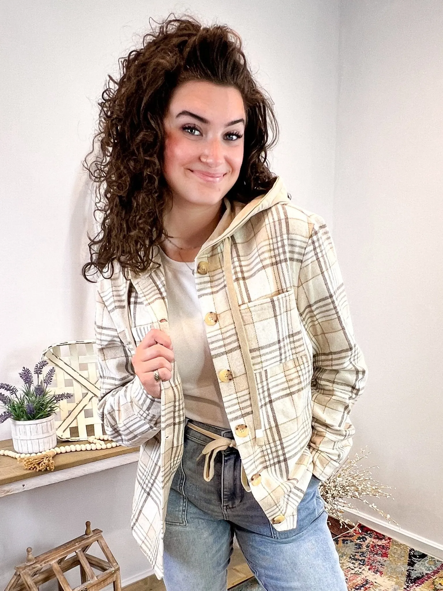 Cinnamon Stroll Plaid Long Sleeve Hood Shirt Jacket Top