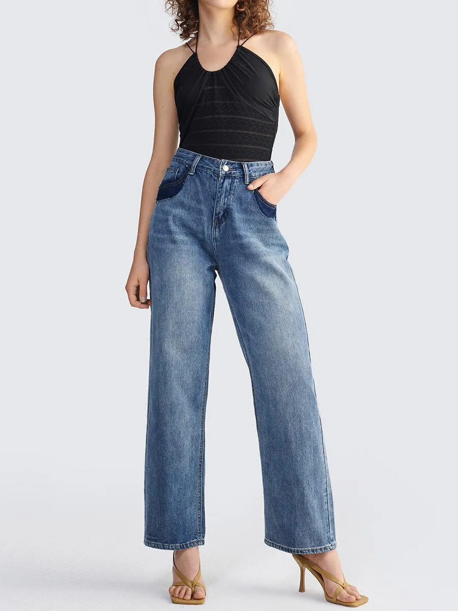 Colorblock Pocket Washed Wide Leg Jeans