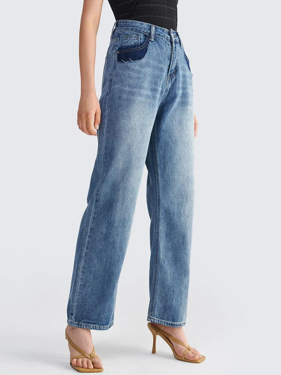 Colorblock Pocket Washed Wide Leg Jeans