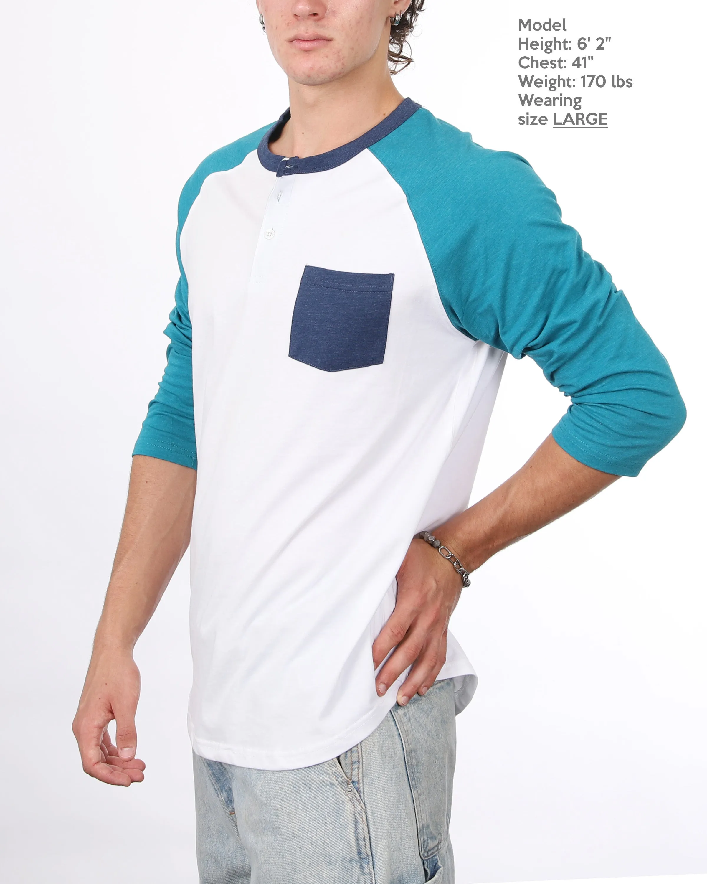 Contrast 3/4 Sleeve Stretch Casual Baseball Button Henley Shirts