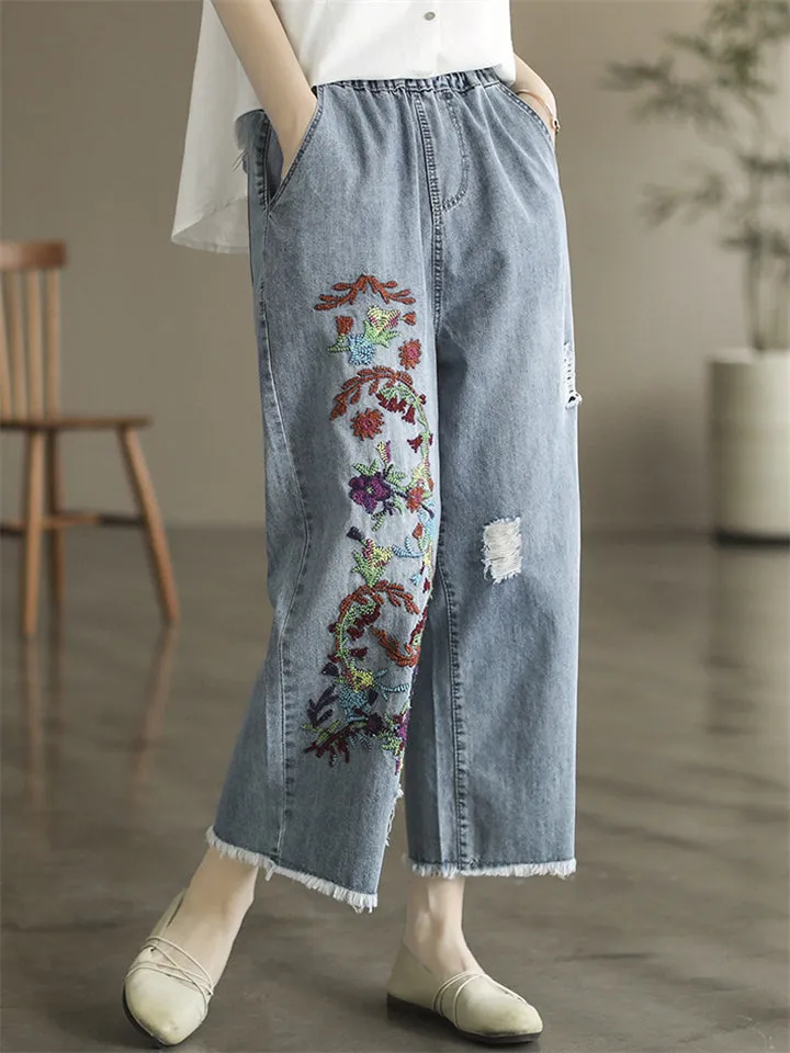 Cotton Delicate Embroidered Long Girls Jeans