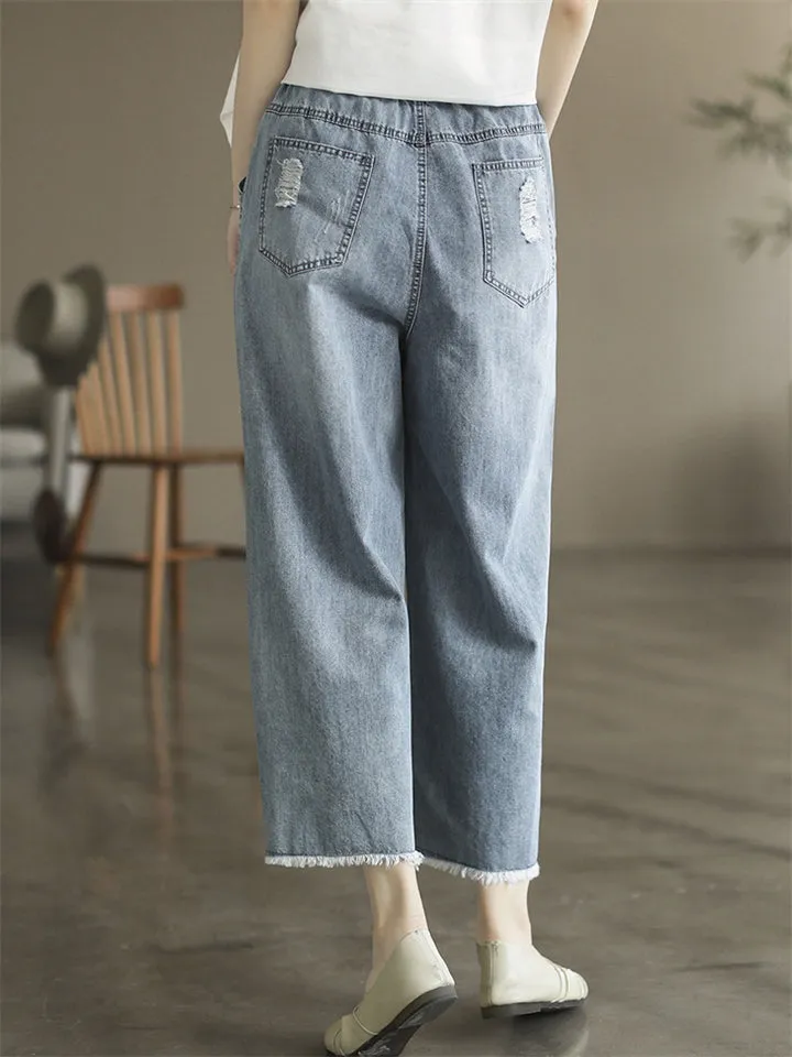 Cotton Delicate Embroidered Long Girls Jeans