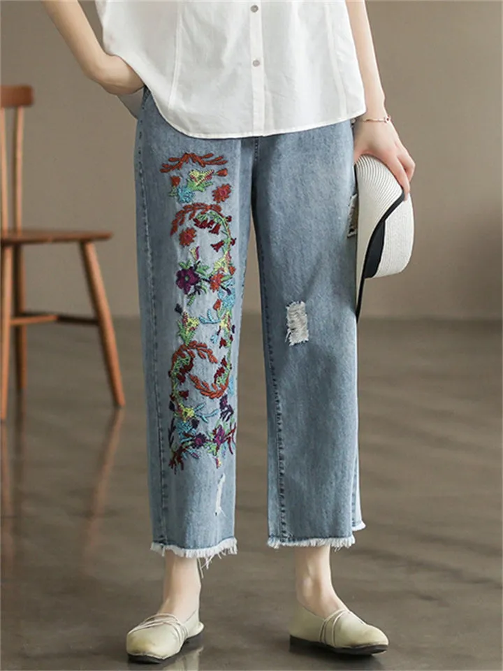 Cotton Delicate Embroidered Long Girls Jeans