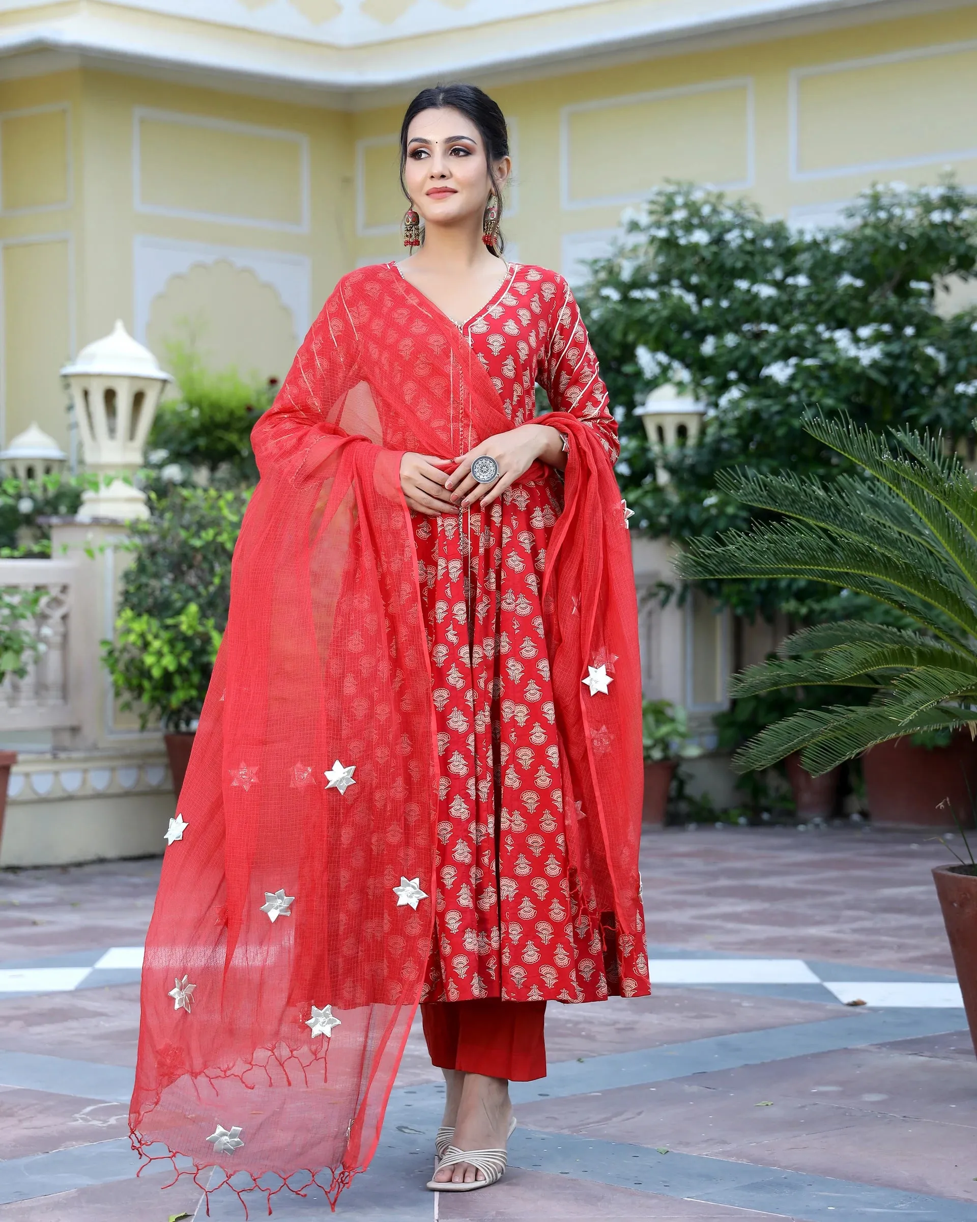 Cotton Red Hand Block Print Anarkali Kurta Set