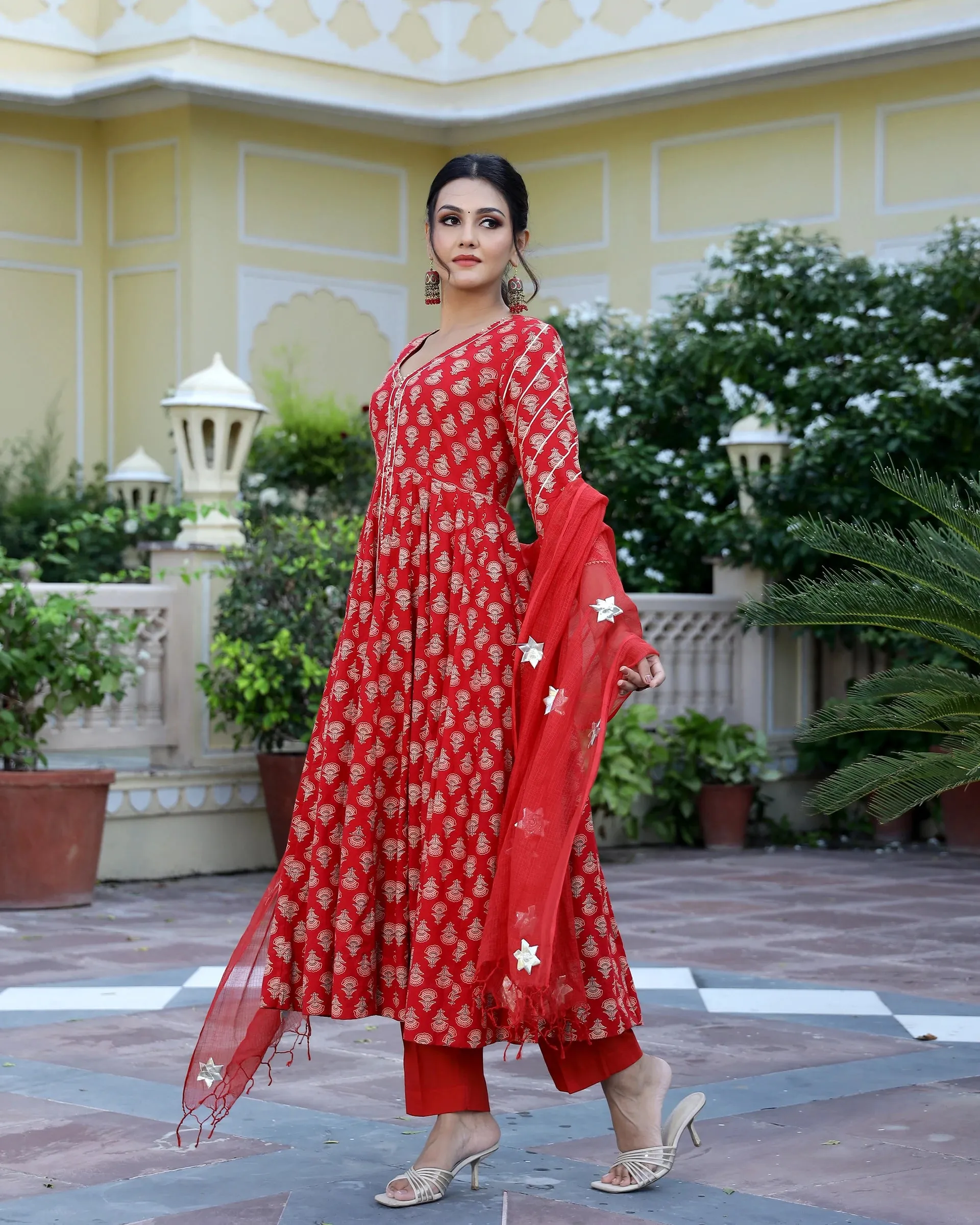 Cotton Red Hand Block Print Anarkali Kurta Set