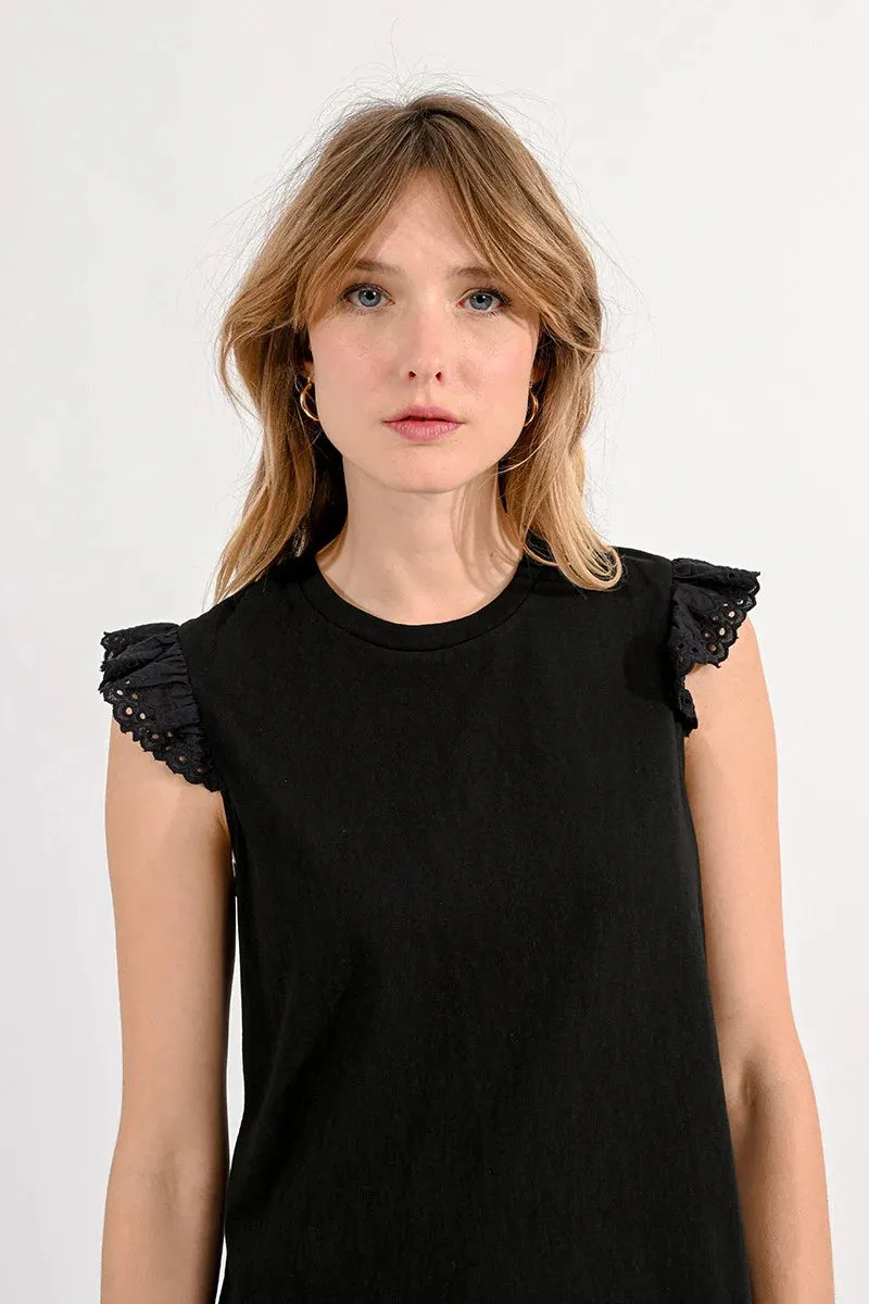 Cotton Ruffled Sleeve Tee - Black