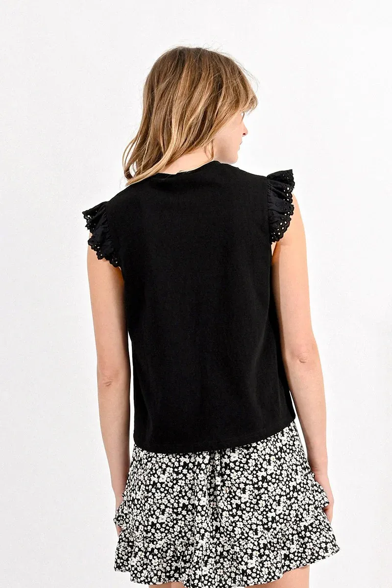 Cotton Ruffled Sleeve Tee - Black