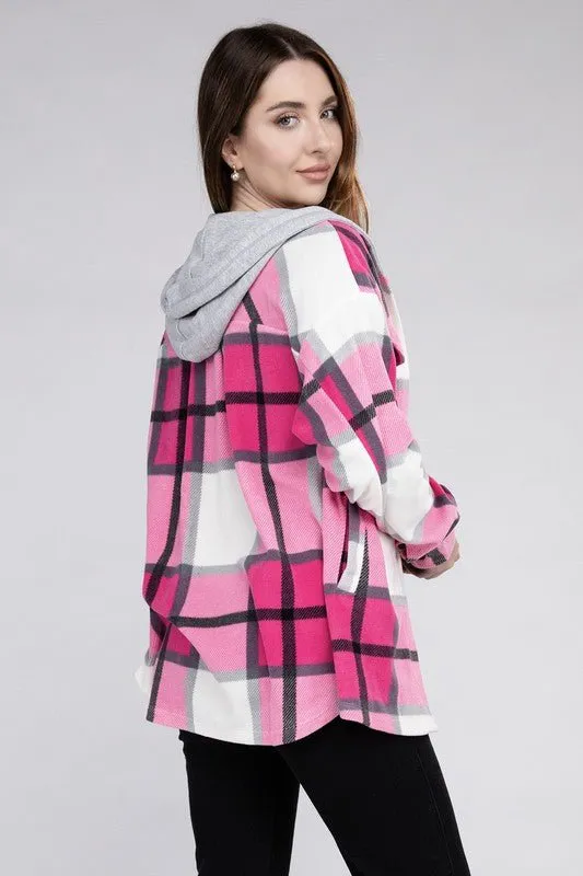 Cozy Plaid Fleece Hooded Shacket with Drawstring