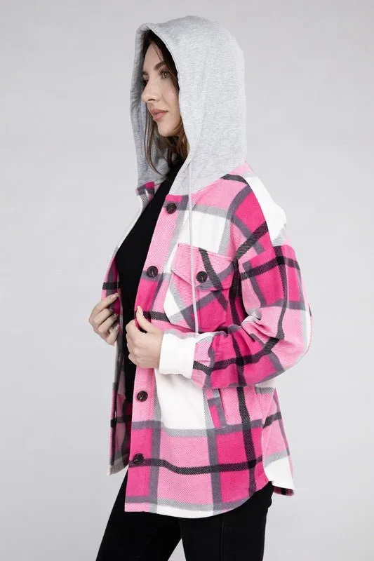 Cozy Plaid Fleece Hooded Shacket with Drawstring